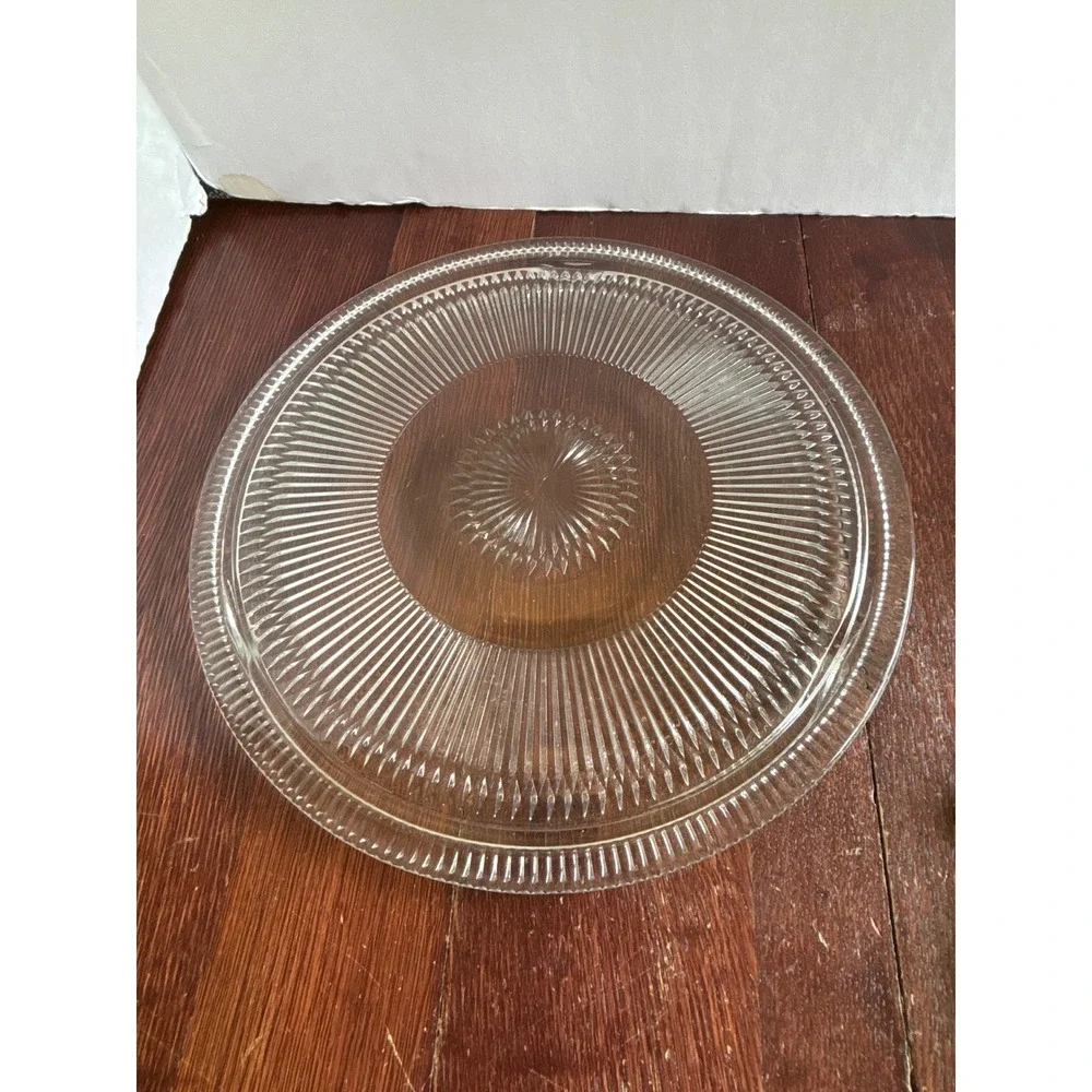 Vintage Clear Pressed Glass 3 Leg Short Cake Stand Sunburst Ribbed 12 Inch